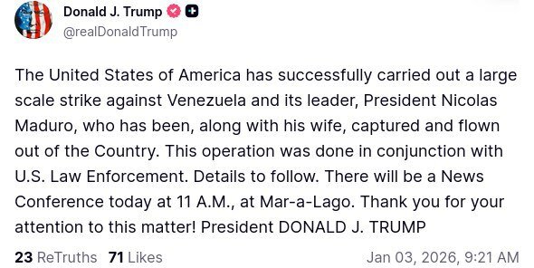 ادعای ترامپ: مادورو بازداشت شده است!